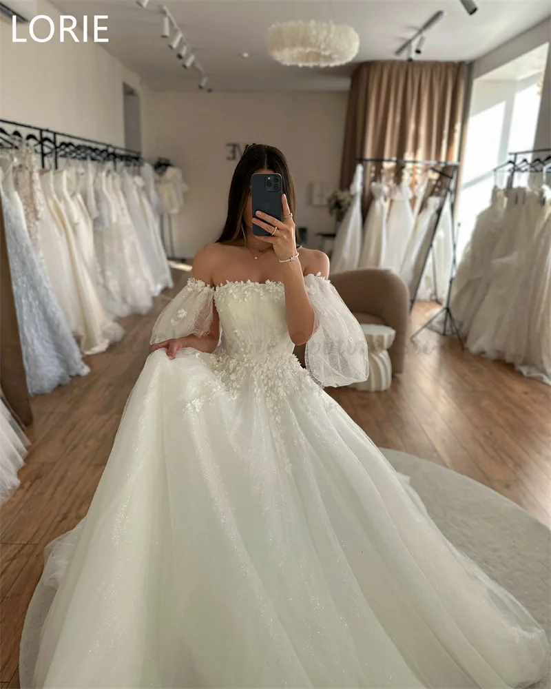 LORIE A-line Off Shoulder Princess Lace Appliques Sexy Wedding Dress Puff Sleeves Wedding Gowns Backless Bride Gown Customized