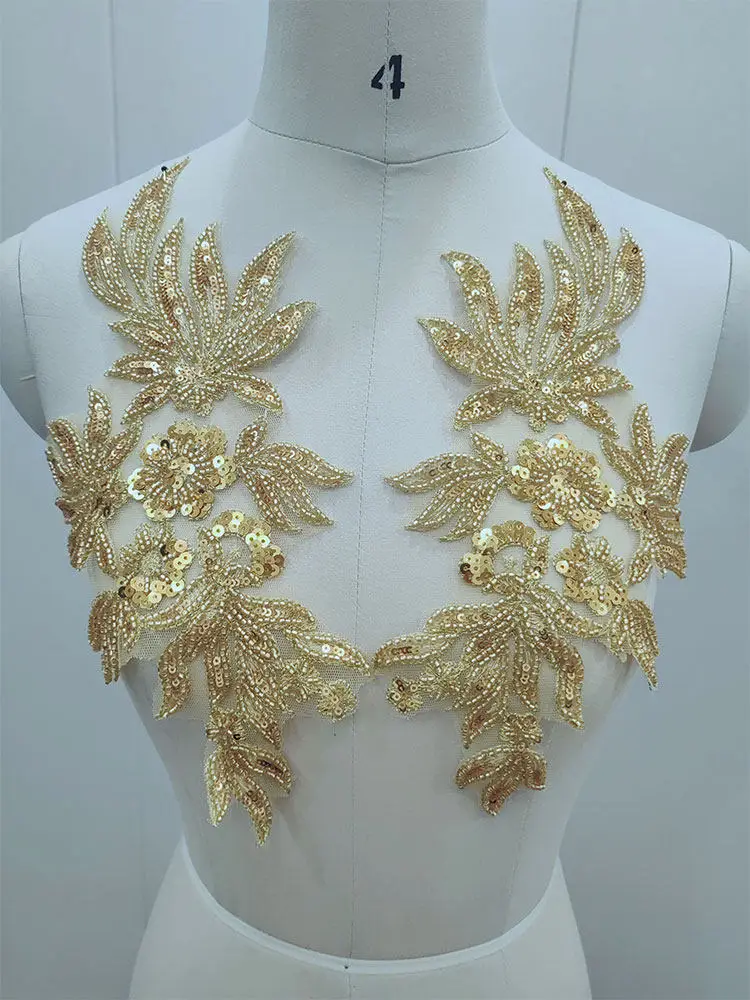 

Двухцветные парные кружевные аппликации с цветочным узором, расшитые вручную, для свадебного платья, вышитые тканевые нашивки, отделка для фаты, декоративные элементы для шитья