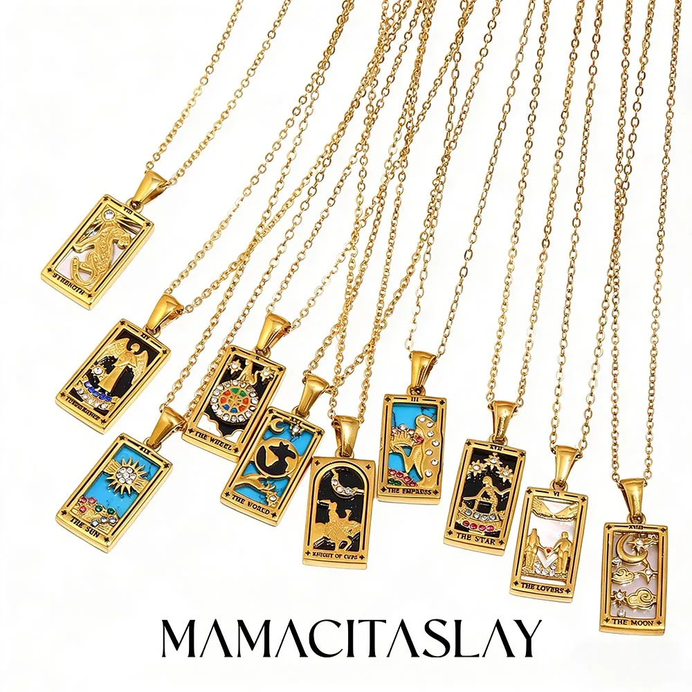 MamacitaSlay 316L Stainless Steel Zircon Tarot Necklace 18K Gold Plated Waterproof Jewelry Women\'s Creative Elegant Necklace