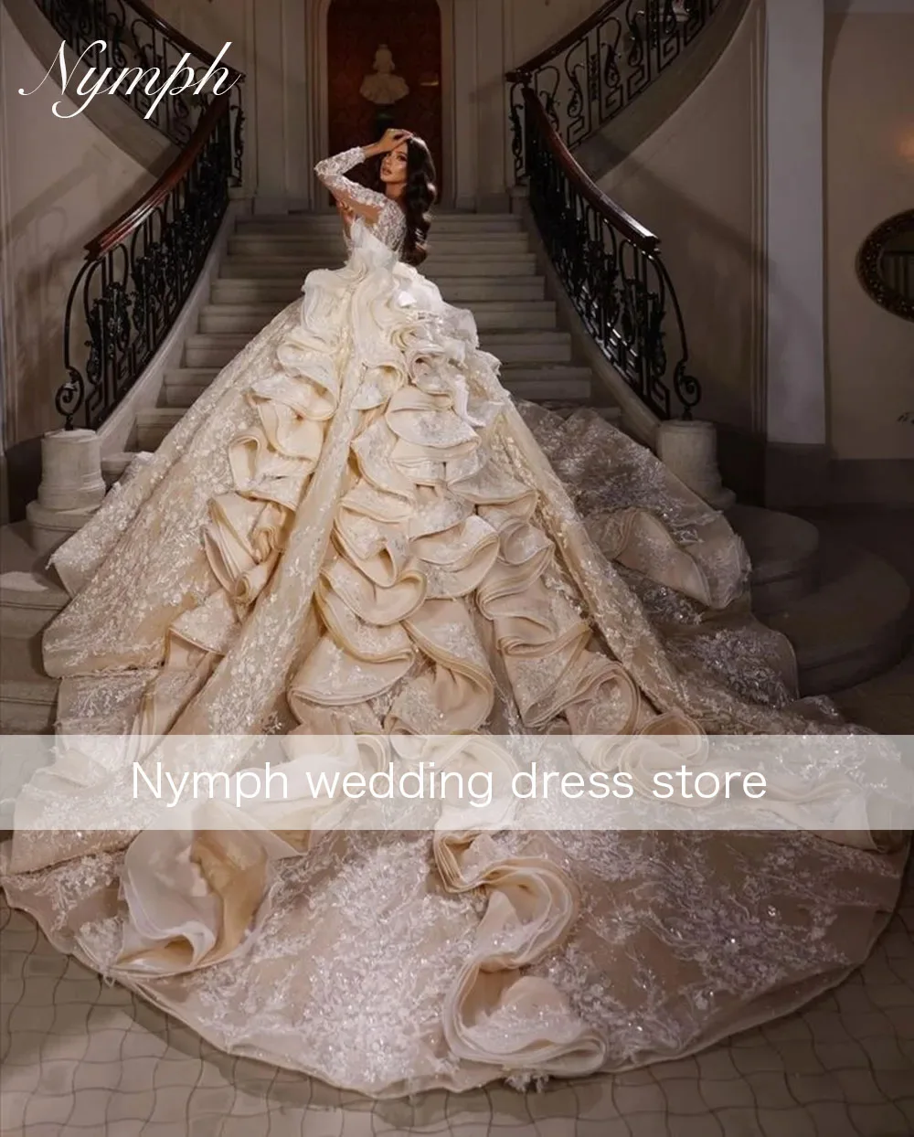 Vestido de novia con cuentas y lentejuelas brillantes de lujo, apliques de catedral, vestidos de novia con volantes de manga larga, vestido de novia Vintage de Reina