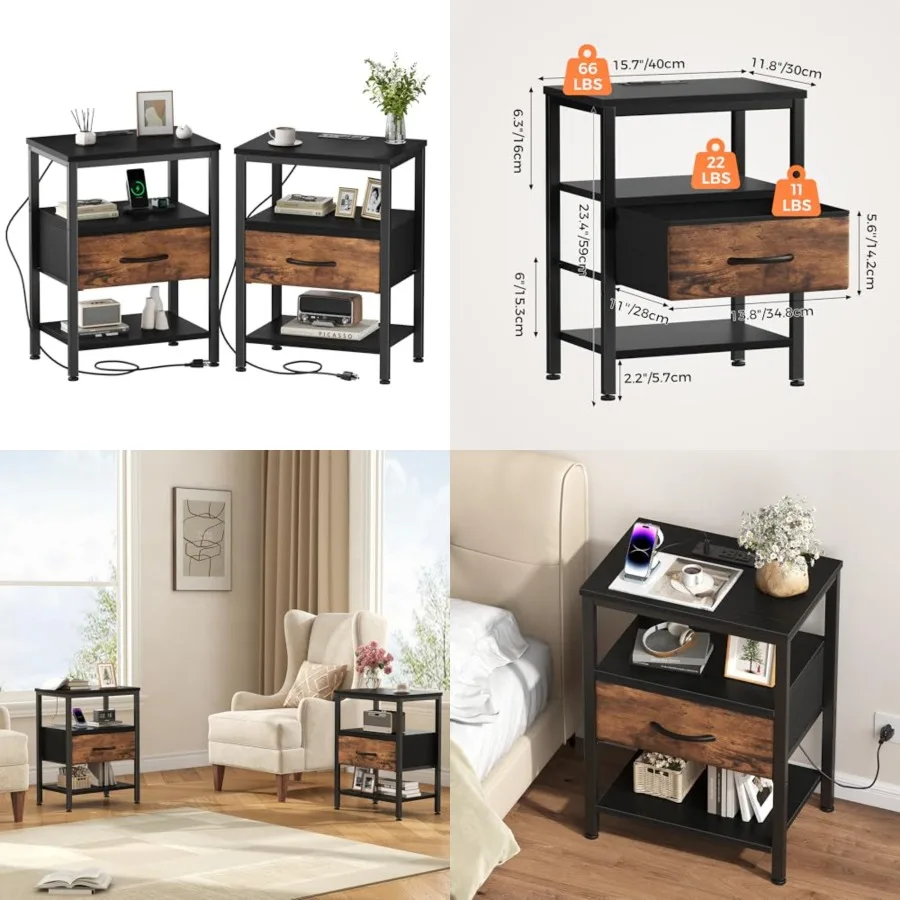 DUMOS Nightstand Set of with Wireless Charging Station Bed Side Tables with Adjustable Fabric Drawers 3-Tier Storage End Tables