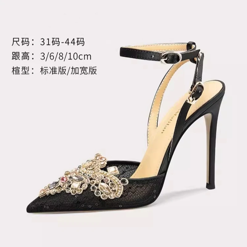 

Spring and summer new pointed lace mesh rhinestone buckle single shoes fine heel banquet dress large size female sandals