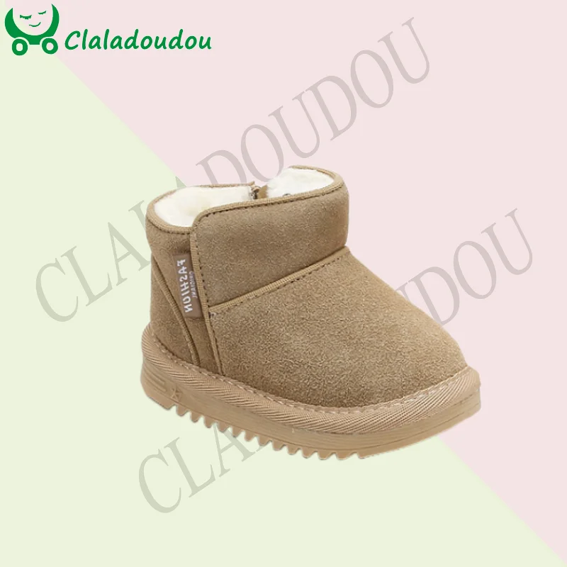 Brand Genuine Leather Kids Snow Boots For Boys Girls Solid Suede Zip Ankle Boots With Thick Plush 0-3years Toddler Winter Shoes