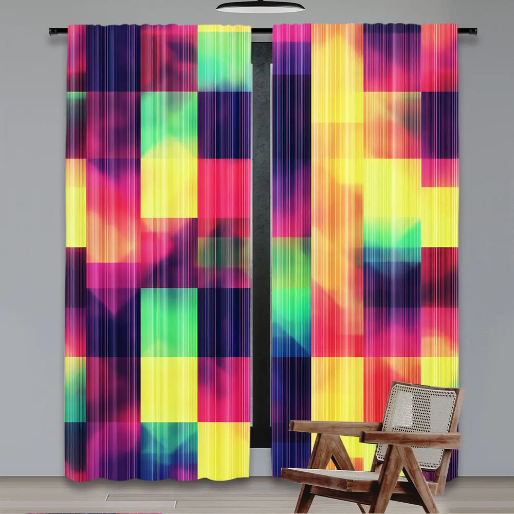 2Pcs Abstract Curtains Rainbow Colored Geometric Square Shaped Blurry Effects Watercolor Design For Bedroom Bathroom Living Room