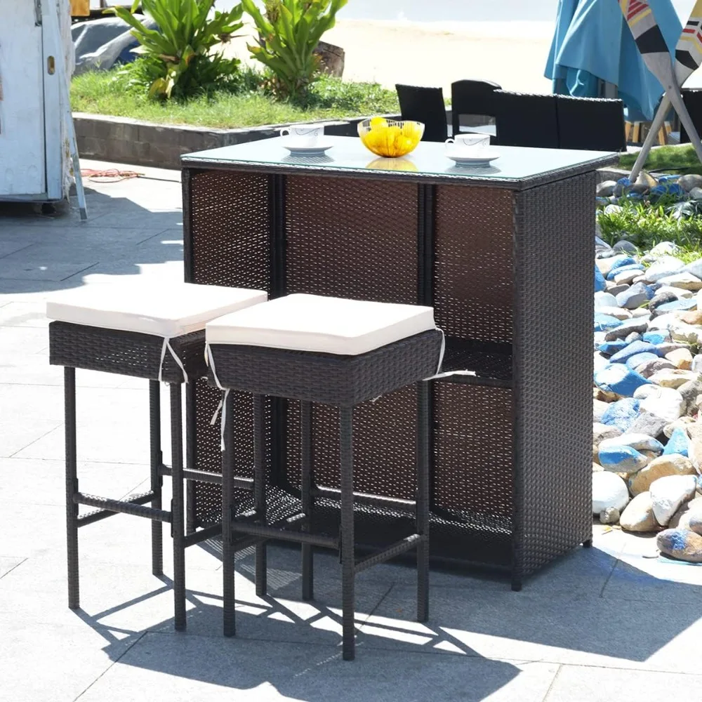 

3 Pieces Patio Bar Set Outdoor Bar Set, Wicker Bar Set with Tempered Glass Table-Top & Two Stools, Outdoor Furniture Bistro Set