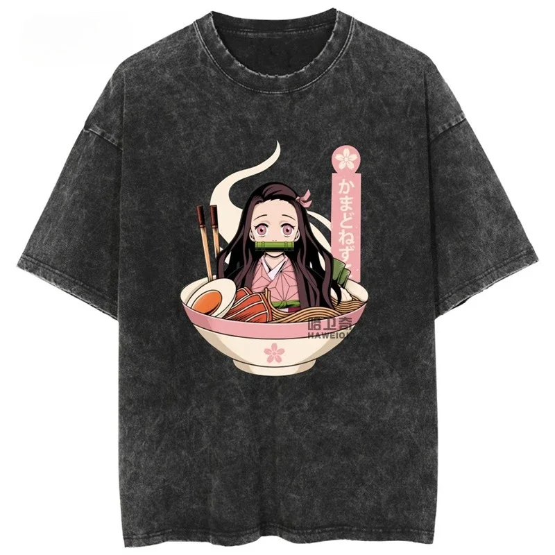 

Demon Slayer Kimetsu No Yaiba Ретро стираная и старая хлопковая футболка Летняя анимационная футболка с короткими рукавами Street Harajuku