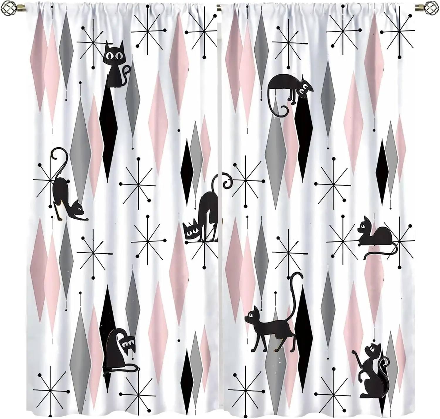 Cute Black Cat Print Curtains Geometric Modern Window Drapes Pink Grey Abstract Cat Lover Living Room Decor 2pcs Pair