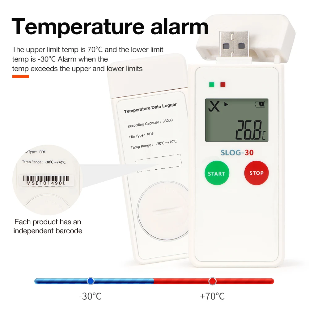 

LCD Display USB Temp Data Logger 65000 Sets Datalogger PDF Report -30~70℃ Temperature Recorder for Food Medicine Cold-chain