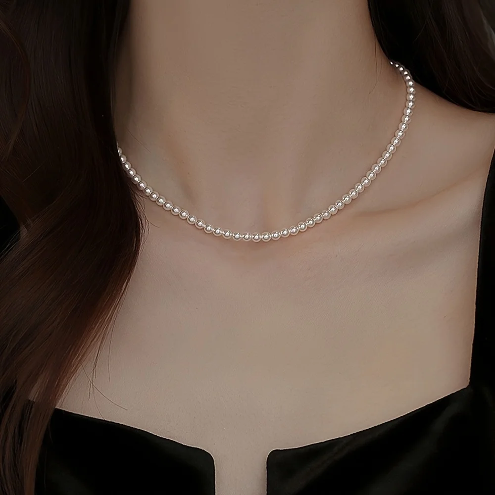 1pc 4mm French-Style Lazy Imitation Pearl Necklace Niche High-End Versatile Clavicle Chain Fashionable Elegant Temperament - Detail 1