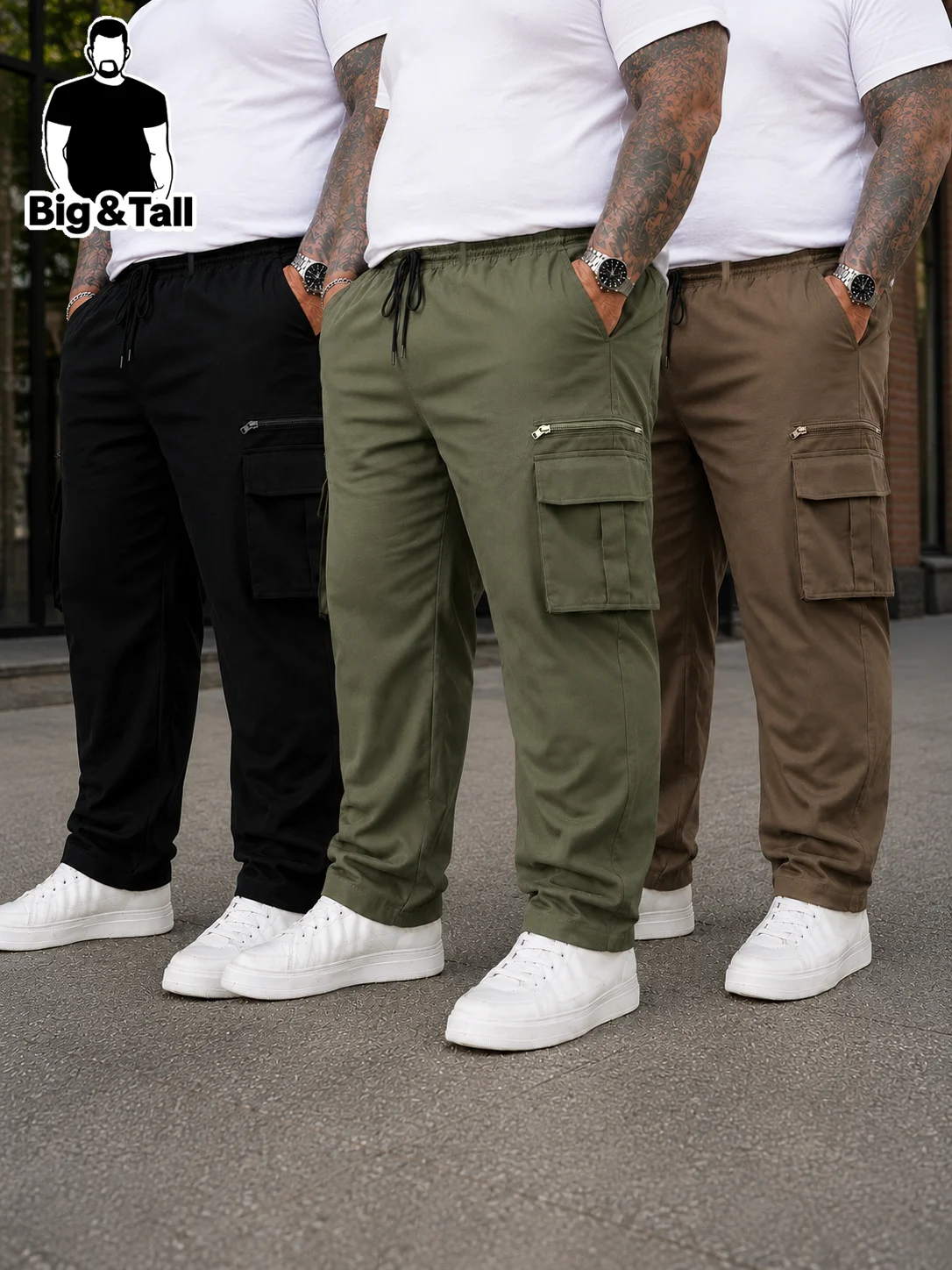 Large Size Men's Casual Street Style Work Pants Set with Drawstring Waist Pure Color Fabric Suitable for Daily Wear And Outdoor