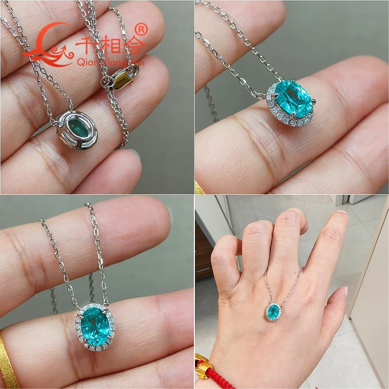 6x8mm 8x10mm oval S925 Sterling Silver YAG Created Neon Blue/Green Paraiba with Moissanite Halo Pendant Necklace Jewelry Women view 6