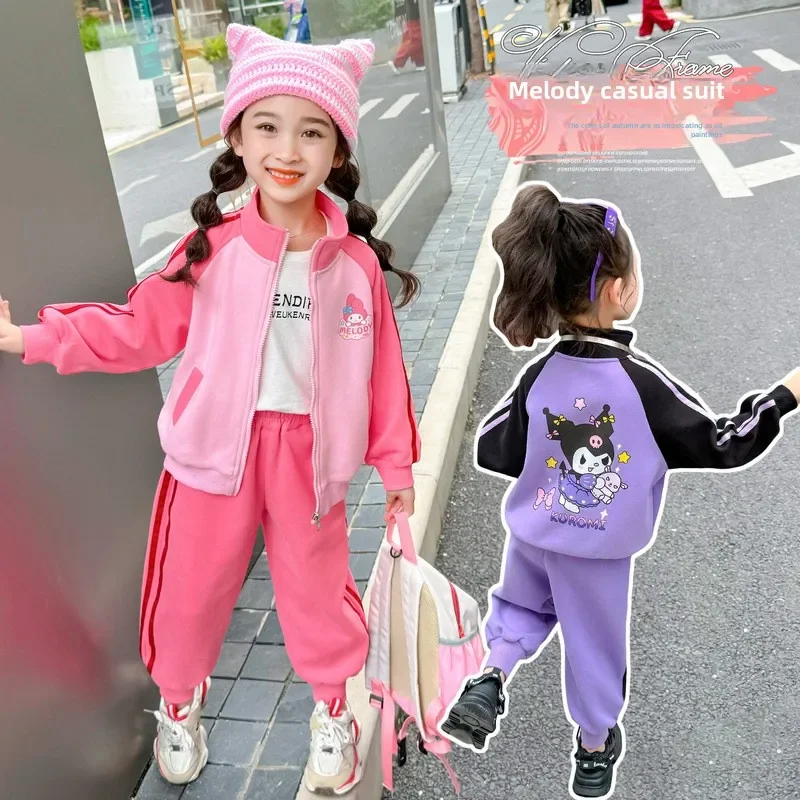 

Anime Sanrio Cartoon Kuromi Print Clothing Sets for Children Girls Jacket + Long Pants 2piece Autumn Baby Kids Teen Holiday gift