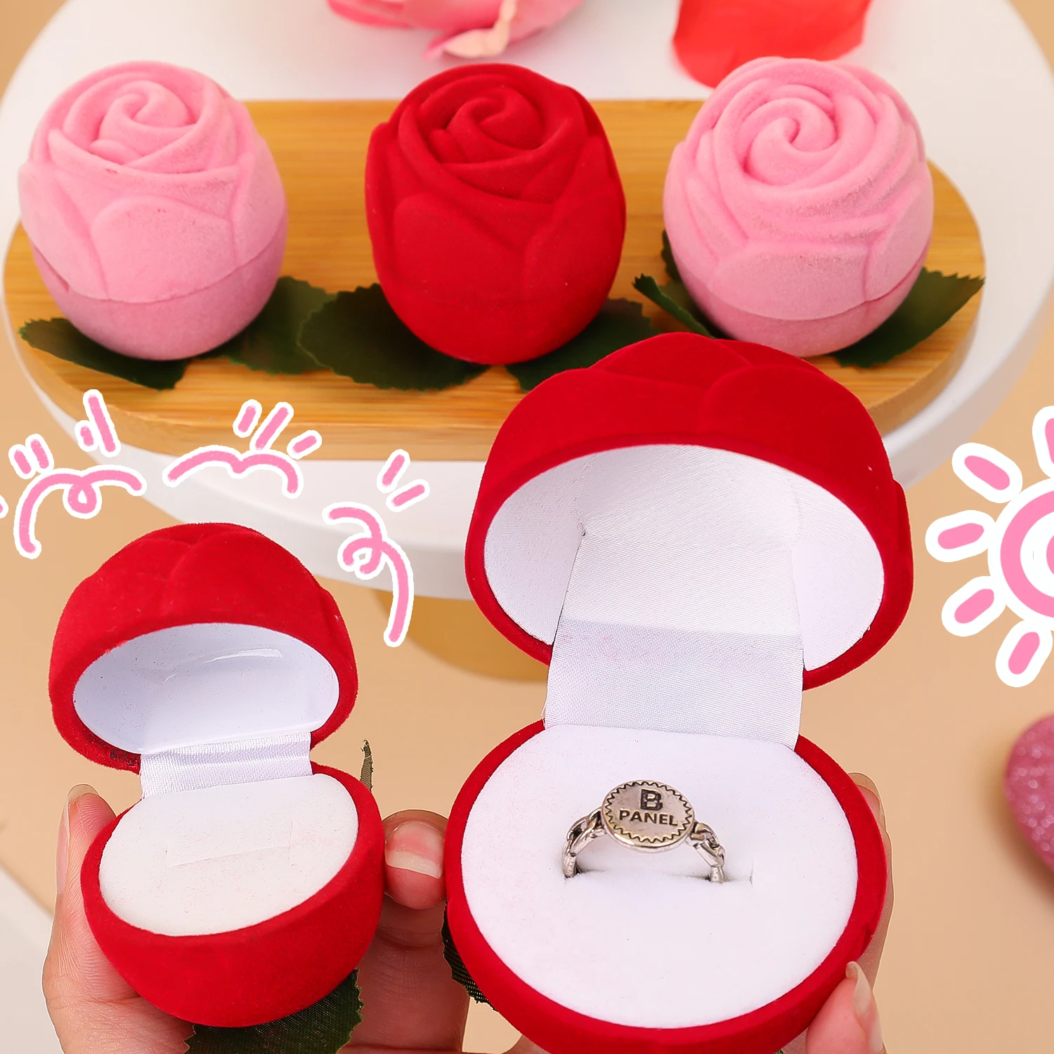 Flocking Rose Flower Ring Box Jewelry Package Wedding Ring Box Counter Display Valentine’s Day Gift Earring Necklace Organizer