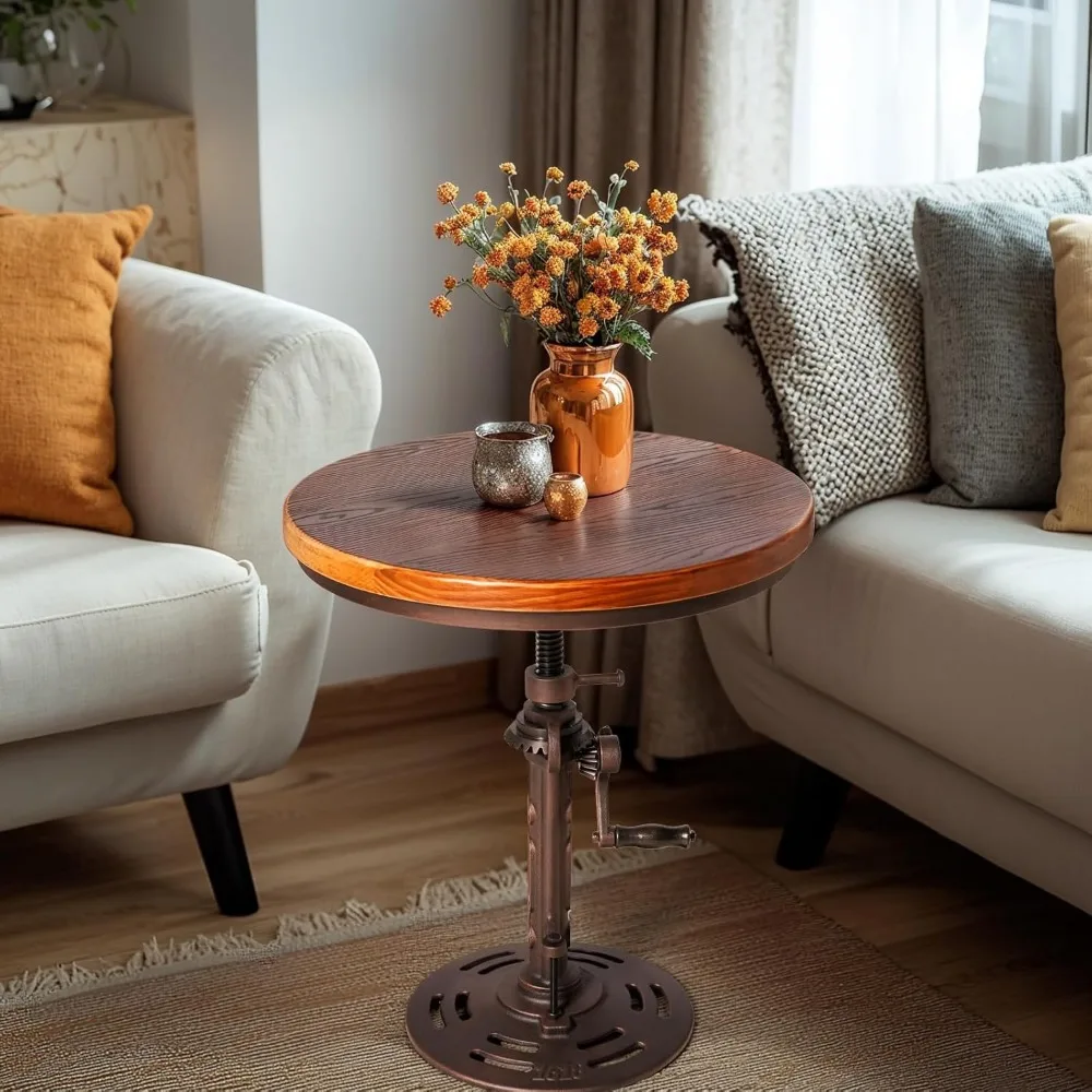 Industrial Style Metal and Wooden Adjustable Height Side Table with Hand Crank for Living Room and Bedroom