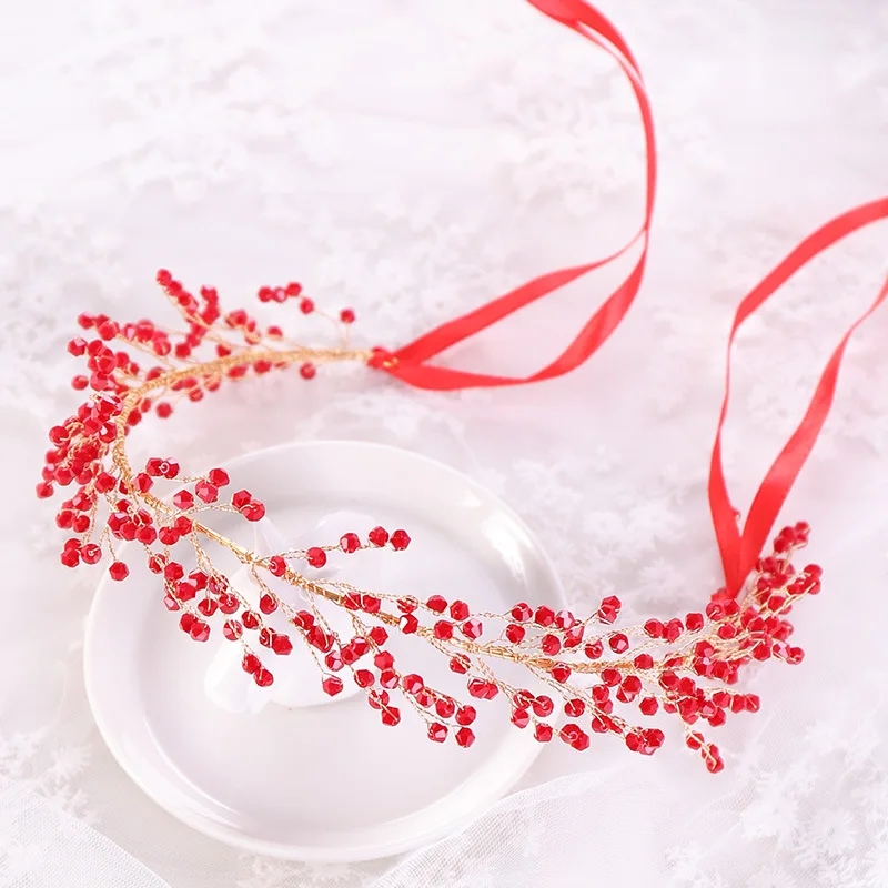 Handcrafted Leaf Headband Wedding Hair Accessory For Bride Red Black Beaded Adjustable Hairband Fashion Banquet Prom Tiaras Gift