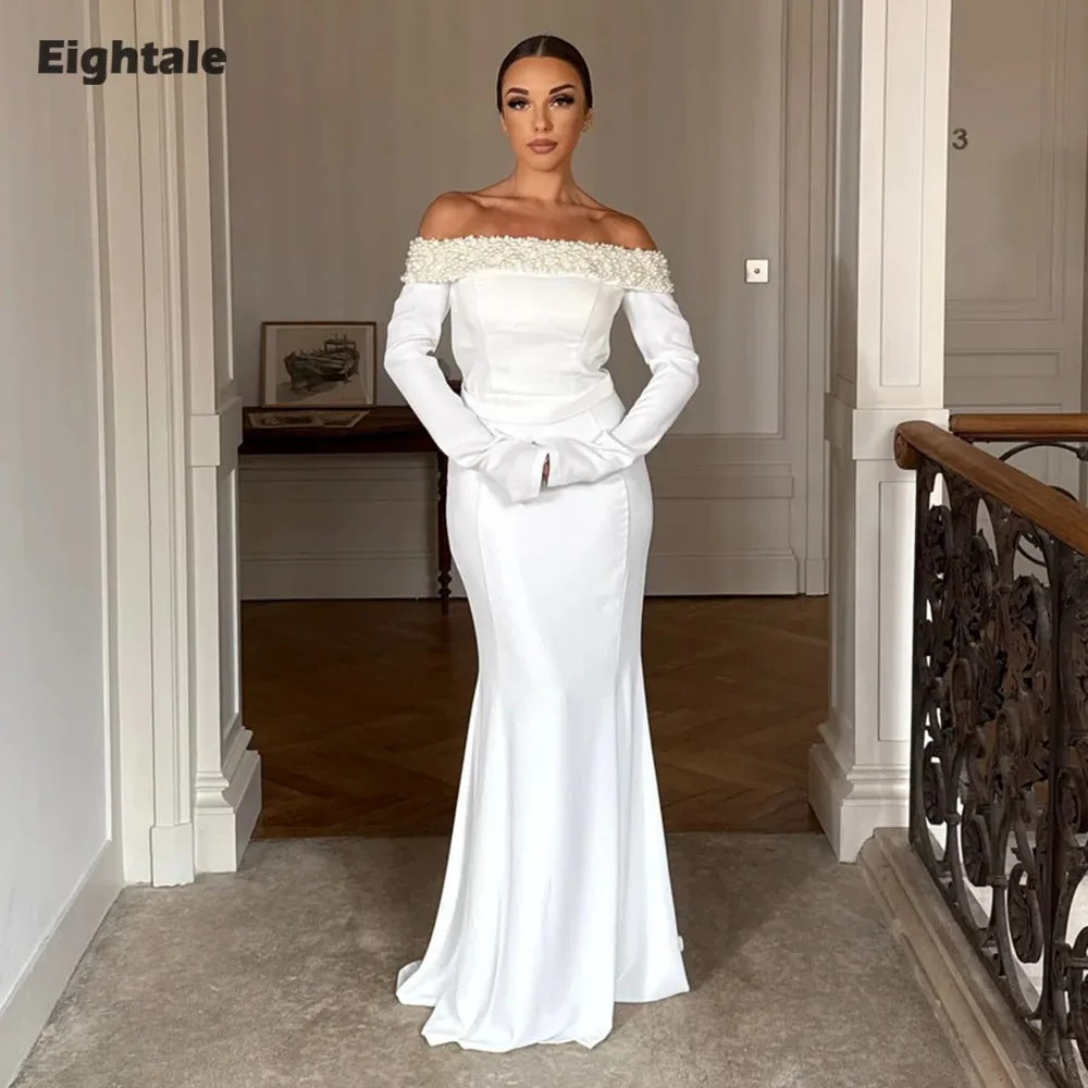 

Eightale Arabic Evening Dress Strapless Beaded Prom Gown Customized White Long Sleeves Muslim Mermaid Wedding Party Dress