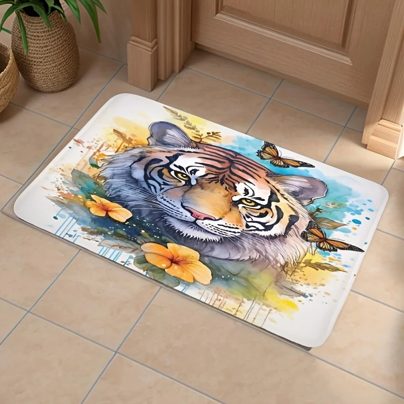 1 шт. Нескользящий входной коврик - коврик для ванной комнаты с акварельным цветочным рисунком тигра и желтыми цветами, ультрамягкая нетканая ткань и резина