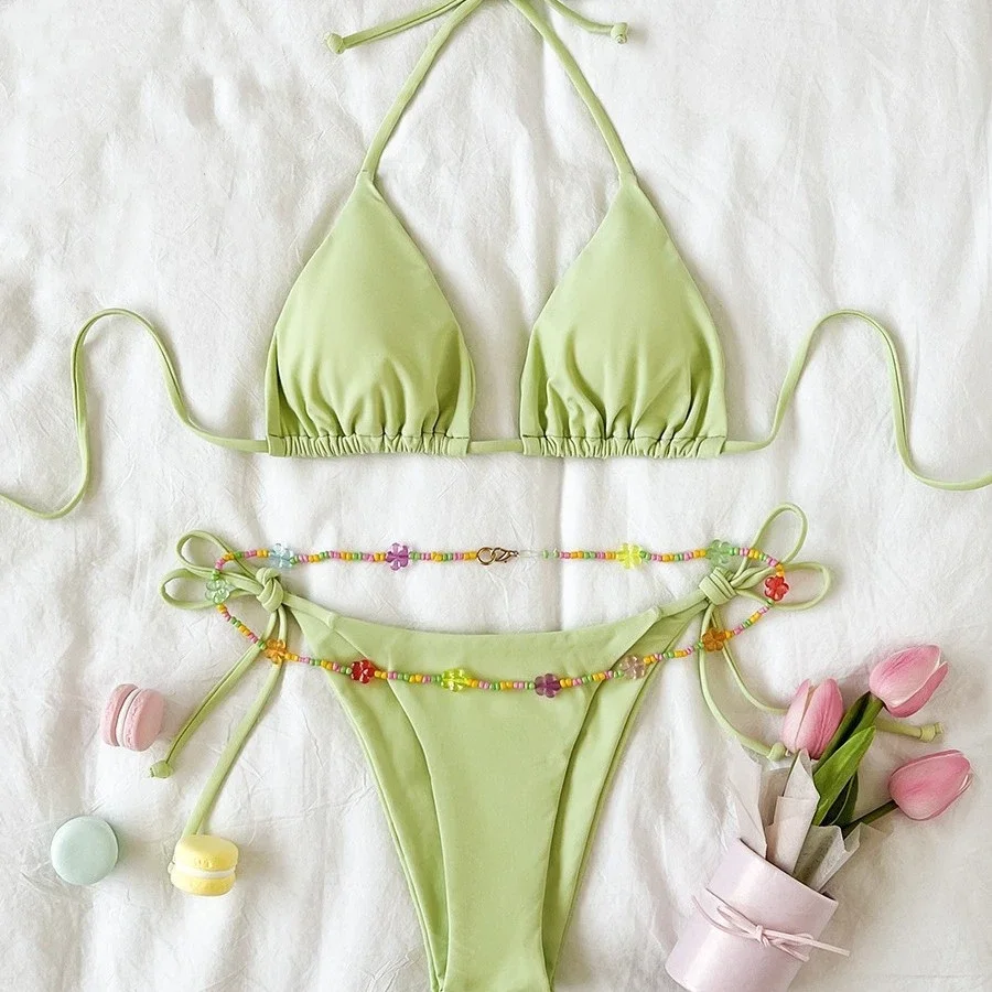 

Зеленый купальник с цепочкой из бисера, комплекты бикини, сексуальный купальник, женский купальный костюм с микро-стрингами, мини-бикини 2025 Mujer Biquinis