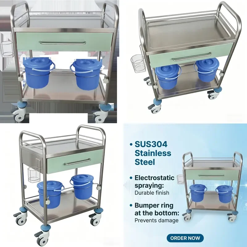 Professional Stainless Steel Medical Cart with Drawers and Double Trash Cans for Hospital Care