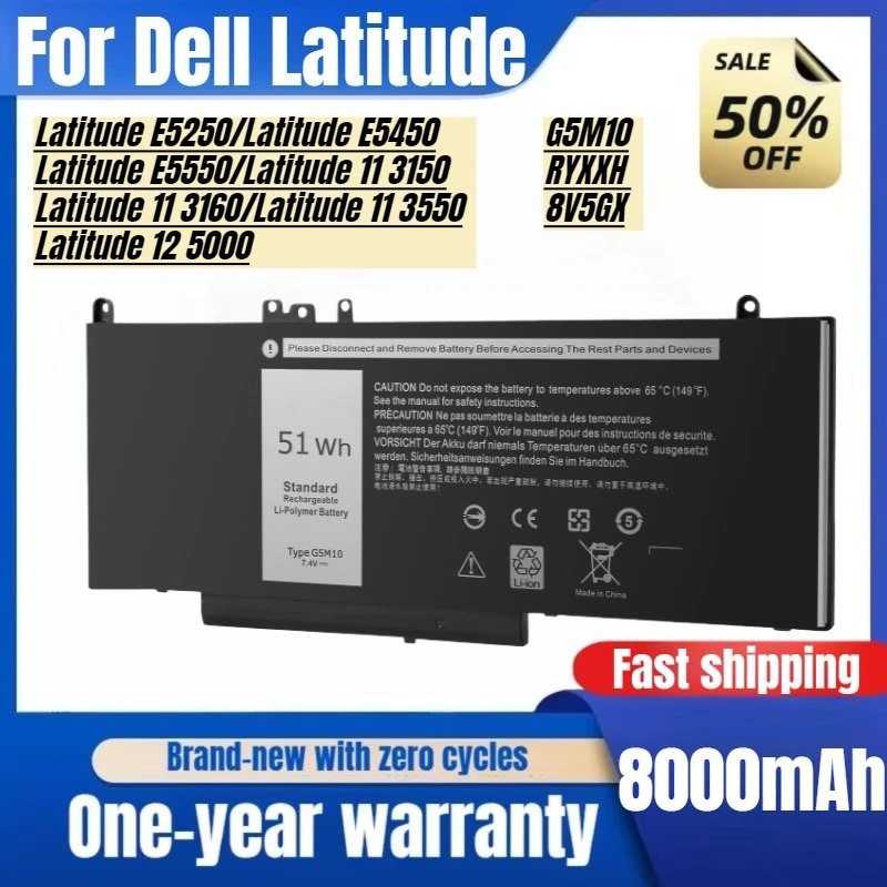 For, Dell Latitude E5250 E5450 E5550 G5M10 8V5GX Laptop Battery L High Capacity Battery High Quality Replacement Battery