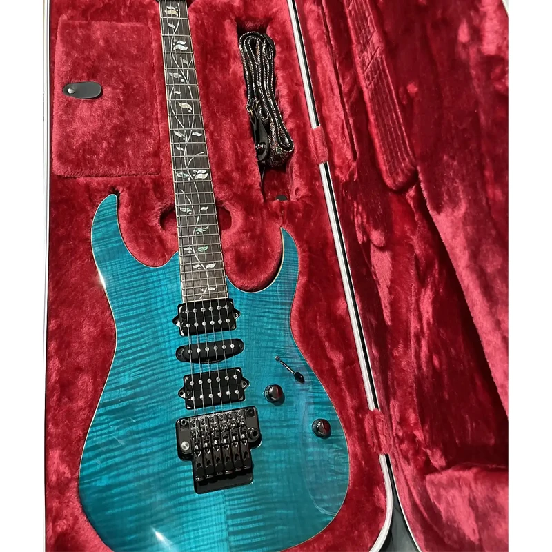 Electric guitar flame top green blue color black hardware HSH open pole pickups 5 way blade switch rosewood fingerboard and vine