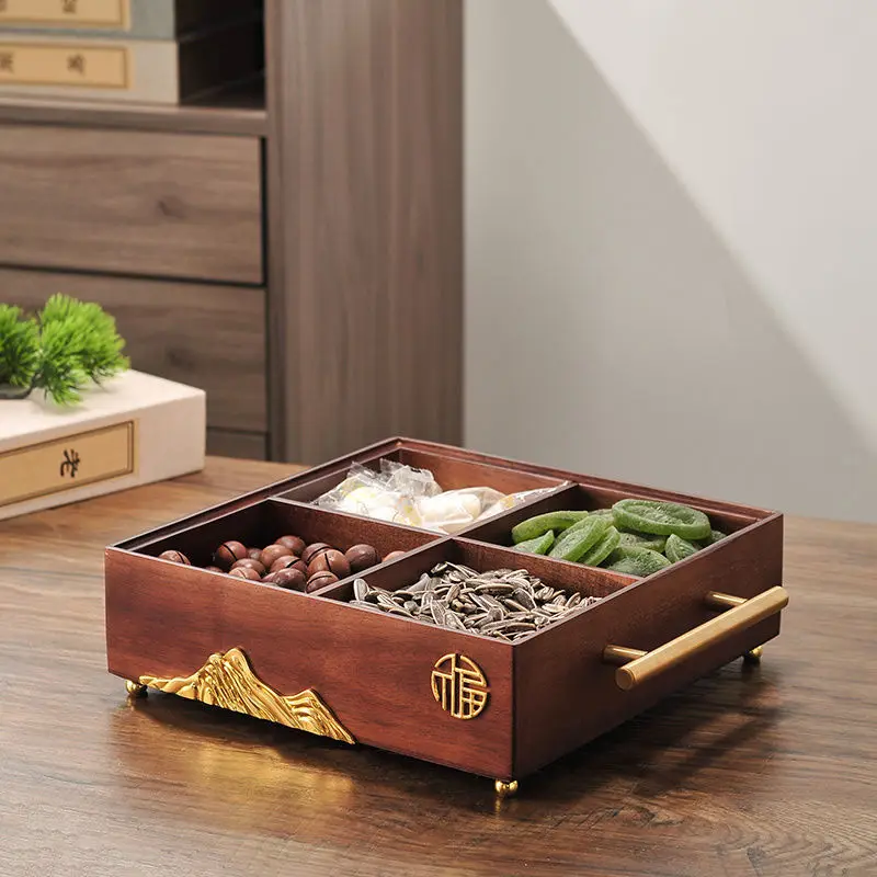 Solid wood new Chinese style candy box, living room, household compartment with lid, fruit tray, dried fruit snack storage box,