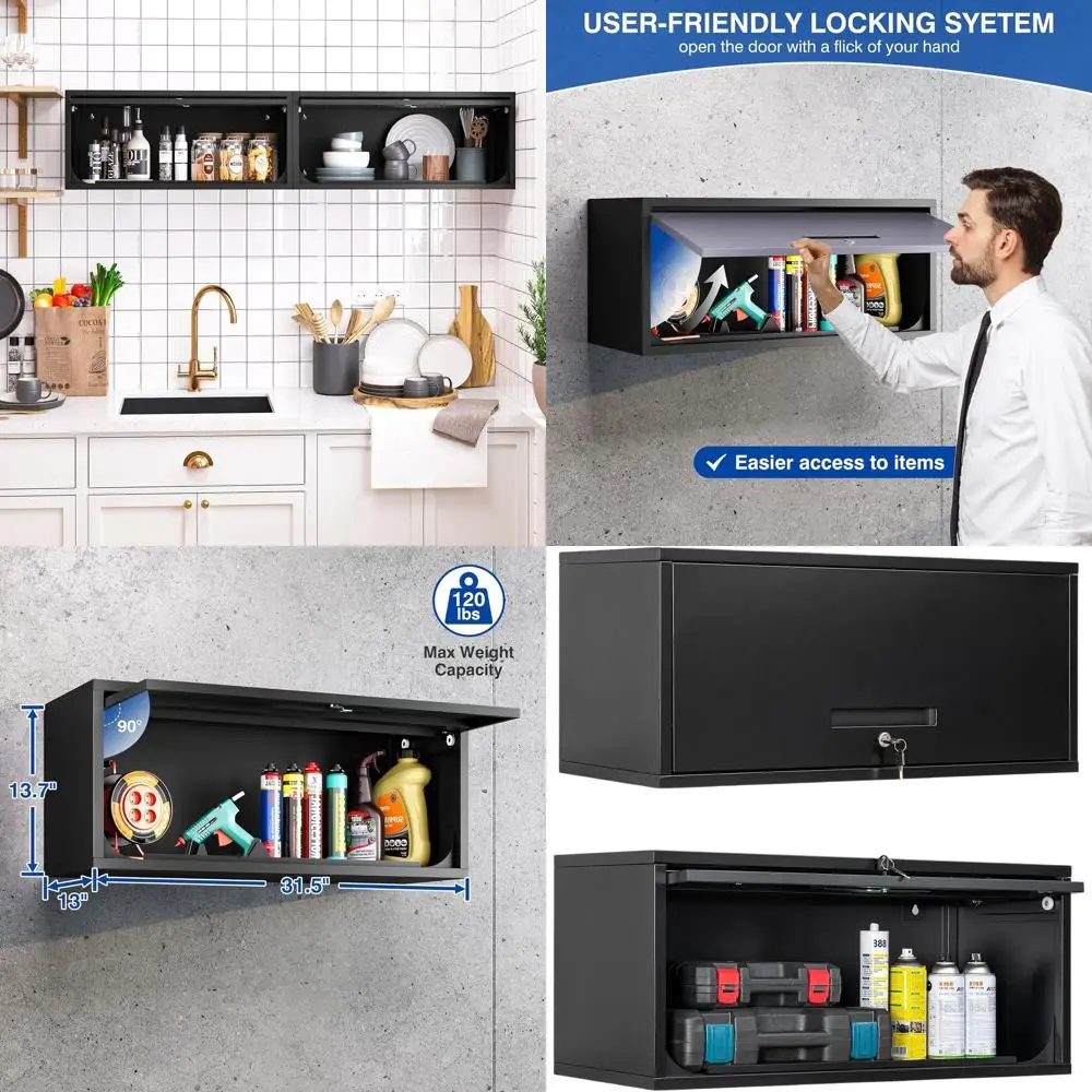 

Черный металлический настенный шкаф для хранения с замком, 1 полкой, откидной дверцей, для гаража, кухни или мастерской, требуется сборка, 1 шт.