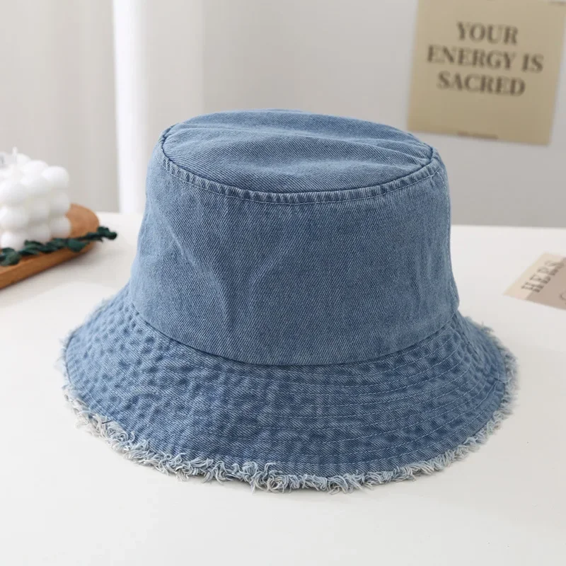 Foldable Bucket Hats with Rough Edges Women Cotton Bucket Hat Washed Denim Fisherman Hat Bob Caps Hip Hop Gorros Men Women