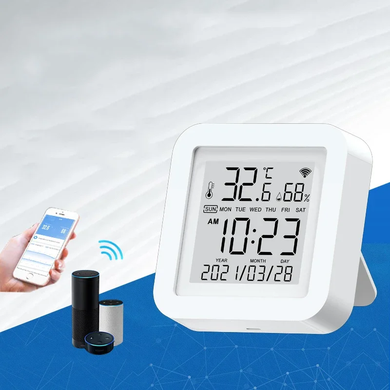 Digital Tuya WiFi Thermometer Temperature Humidity Sensor Meter Time Report LCD Display Hygrometer Alexa Google Wall Clock