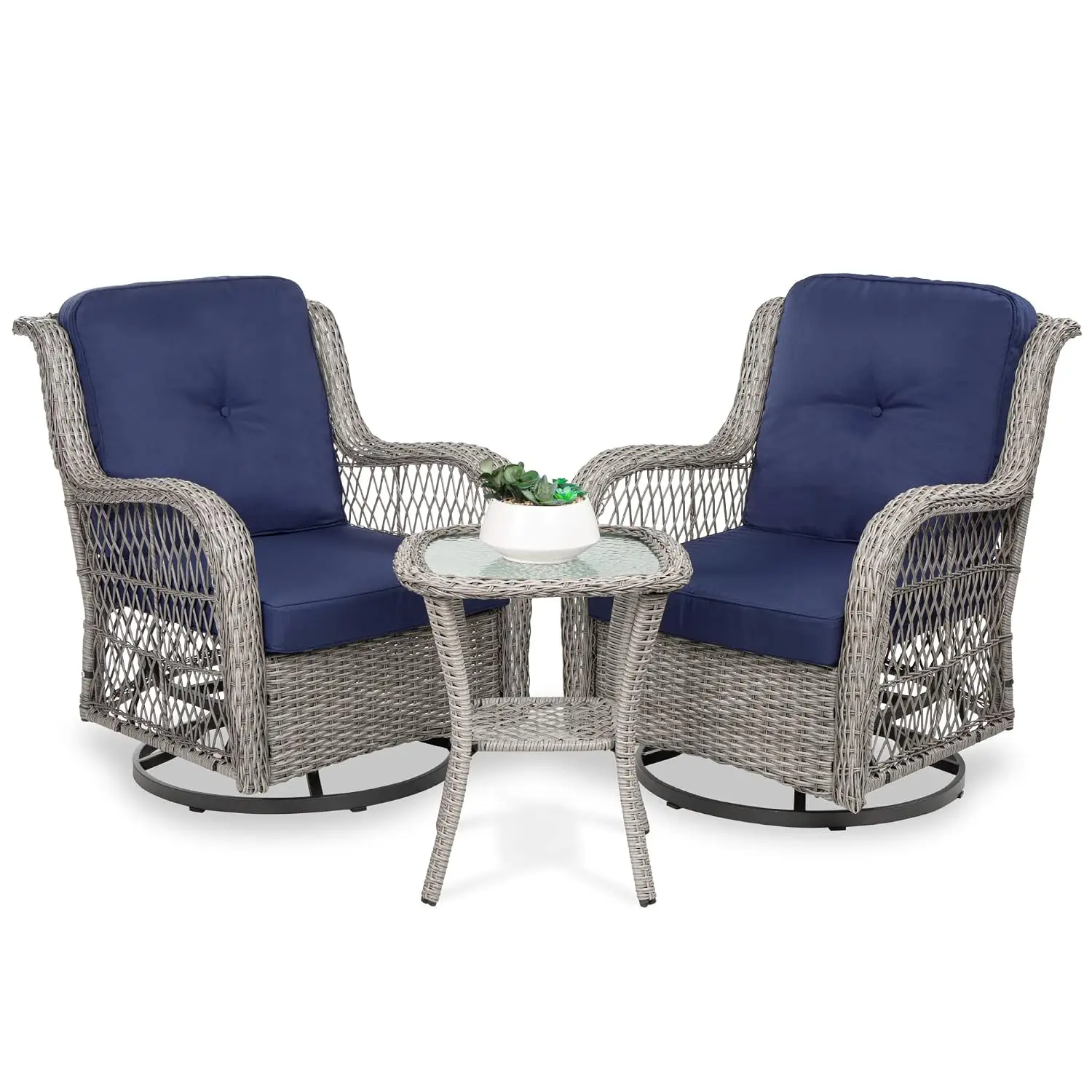 3-Piece Outdoor Wicker Patio Bistro Set w/ 2 360-Degree Swivel Rocking Chairs & Tempered Glass Side Table, Customized