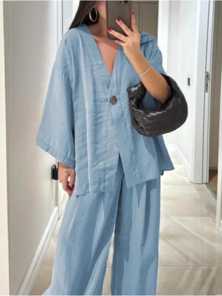 แฟชั่น V คอเก้าจุดแขนเสื้อสเวตเตอร์ถัก + กางเกงขากว้าง 2 ชิ้นชุดผู้หญิง Elegant สีทึบหลวมชุดลําลองหญิง