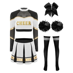 Women Cheerleading Cheer Performance Costume Dance Cosplay Outfit Long Sleeve Crop Top And Pleated Skirt Flower Balls Stocks Set