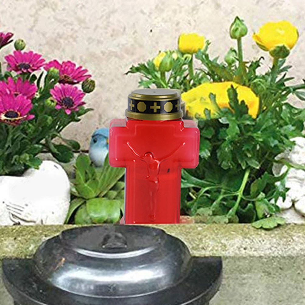

Electronic Jesus Red Shell Flameless Memorial Light Cross Grave Operated Statue Devotion Holder LED
