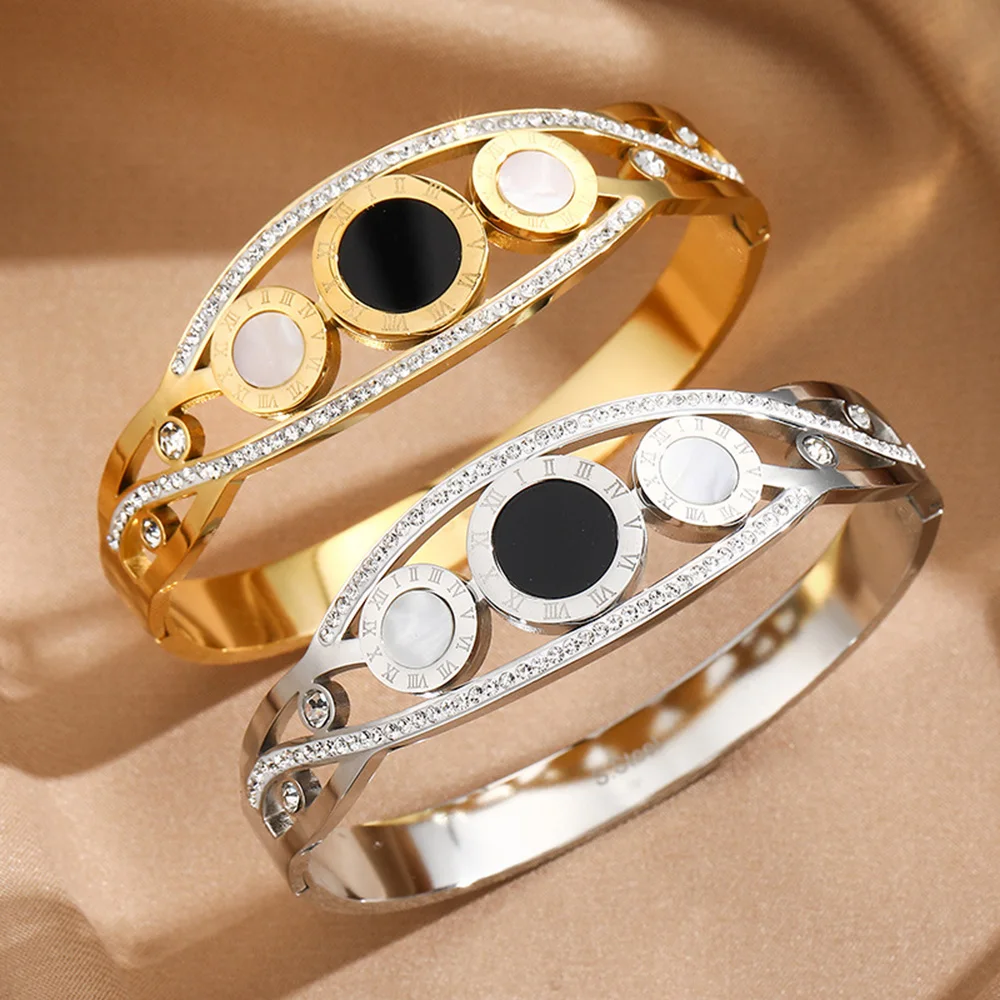 أزياء أسود أبيض جولة الفولاذ المقاوم للصدأ أساور مغلقة للنساء الرجال الذهب الفضة اللون سوار حزب المجوهرات اليومية #3