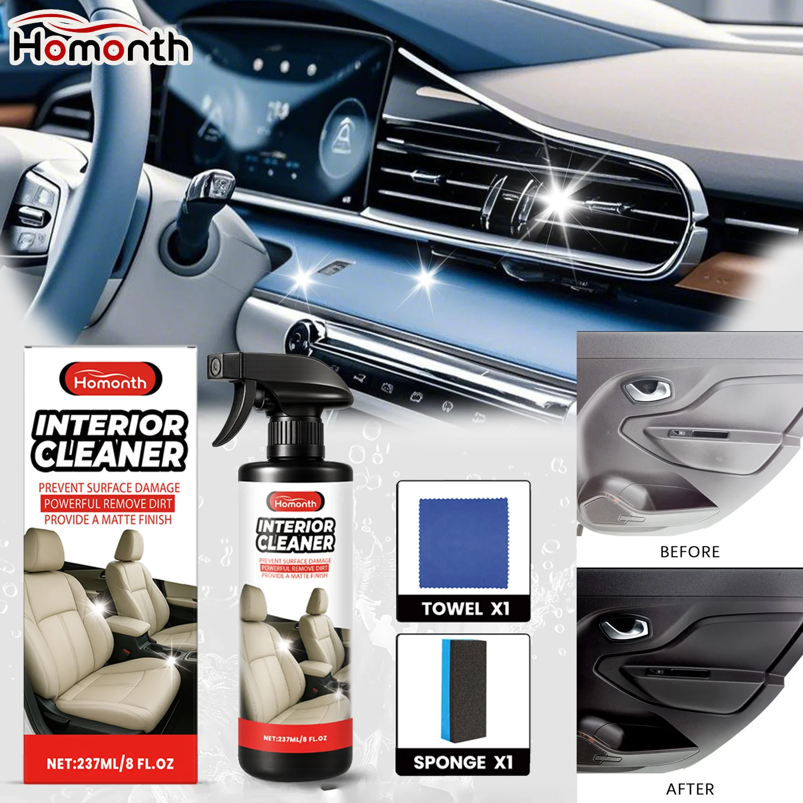 

Очиститель салона автомобиля, спрей, очиститель кожи, защитная пленка для автомобильных сидений, приборная панель, мульти-очиститель поверхности с комплектом губчатых полотенец