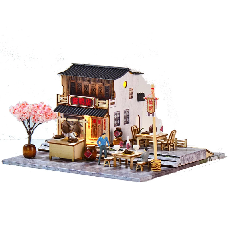 Diy de madeira chinês antigo jiangnan vista rua casas boneca modelo em miniatura kit casa bonecas com móveis para amigos presentes