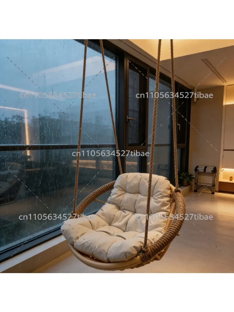Indoor Rattan Hanging Basket Chair Swing for Sitting and Lying Down, Double Rattan Balcony Chair