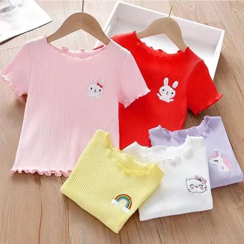 Cartoon Embroidered Kids' Short Sleeve T-Shirt - Ruffle Hem Summer Top for Girls | Cute & Stylish Toddler Shirt