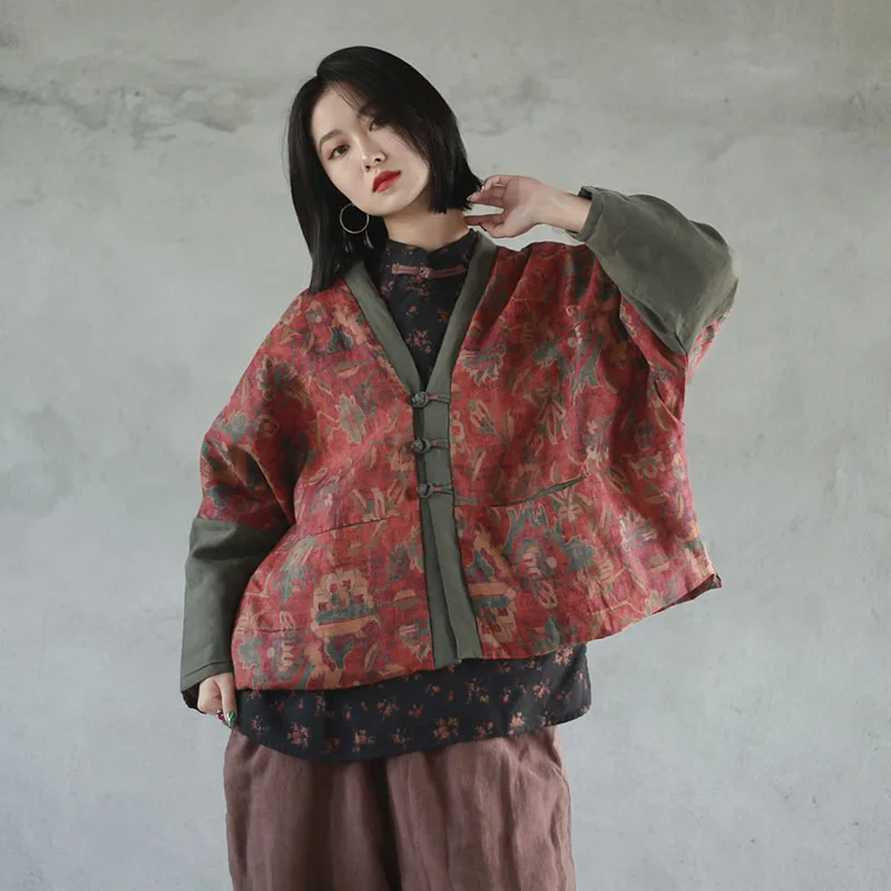 Women's High-quality linen Autumn Hanfu Jacket Lightweight Thin Quilted Outwear Open Front Vintage Printed Patchwork Short Coats