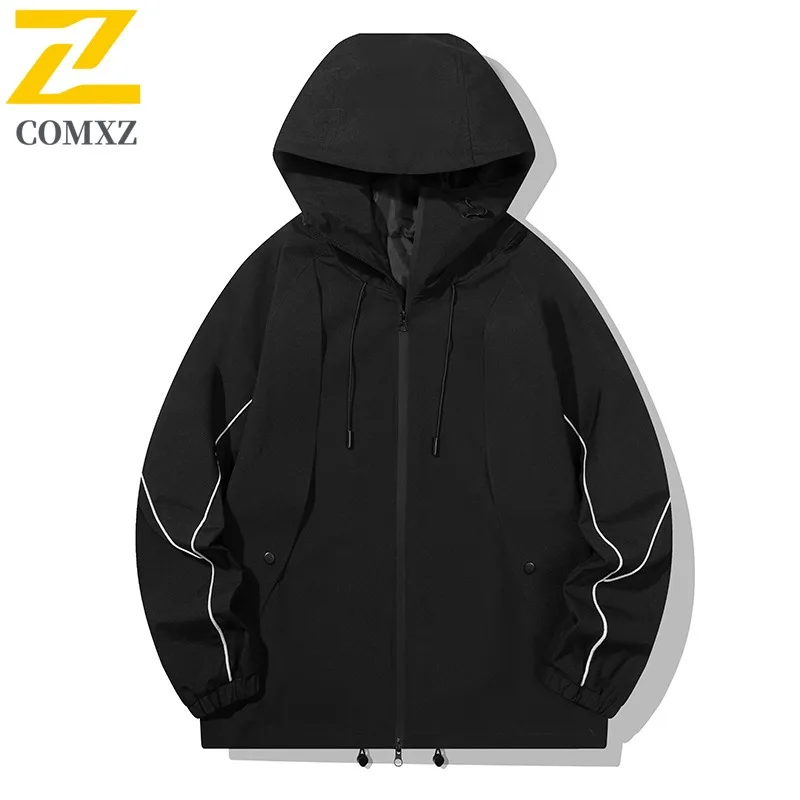 

COMXZ Men Jacket Premium Hooded Color Block Striped Camping Windproof Coat Trendy Outdoor Climbing Lightweight Autumn Garment