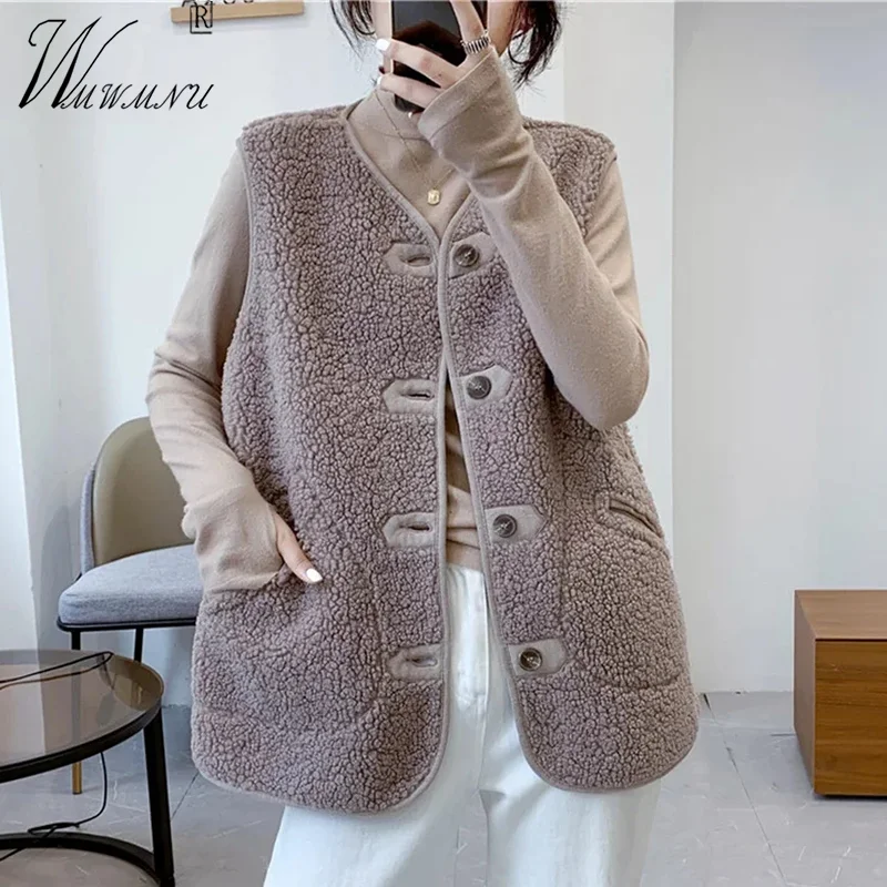 

Fall Winter Faux Lambwool Vest Women Oversize 4xl Korean Fashion Teddy Short Waistcoat Single Breasted Thick Sleeveless Jacket