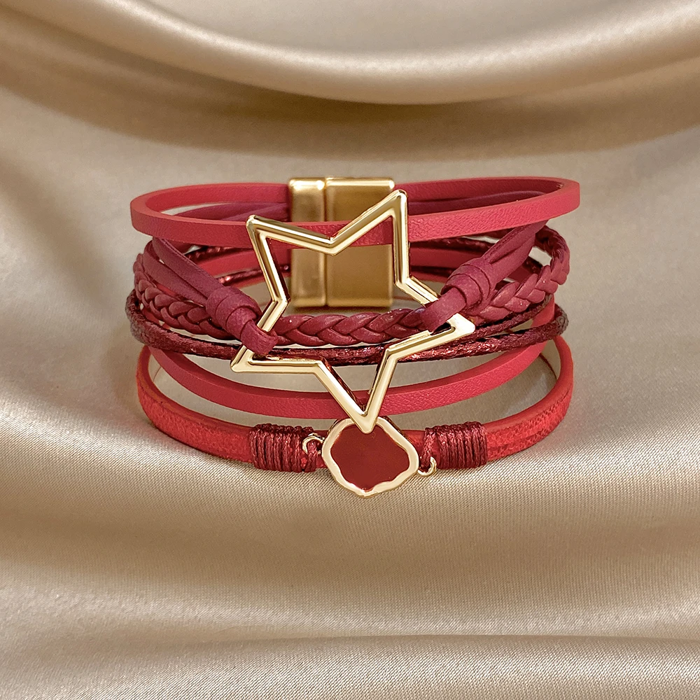 ALLYES Vintage Armband aus gewebtem Leder mit ausgehöhltem Stern für Damen, klobiges Boho-Mehrschicht-Armband, breites Wickelarmband, Charm-Schmuck – Detail 10