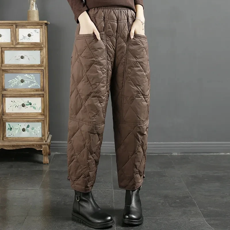 

2023 New Autumn Winter Fashion Women Pants Elastic Waist Diamond Plaid Down Cotton Pants Casual Loose Thicken Warm Harem Pants