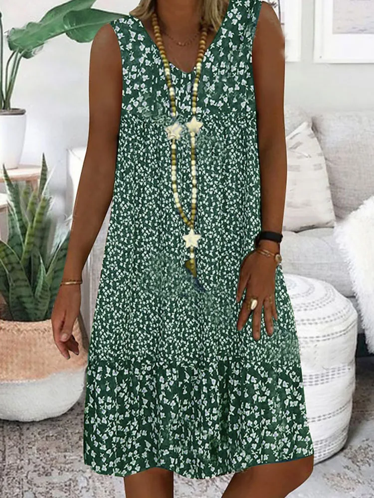 Summer new European and American women's casual V-neck small floral print sleeveless women's mid-length dress