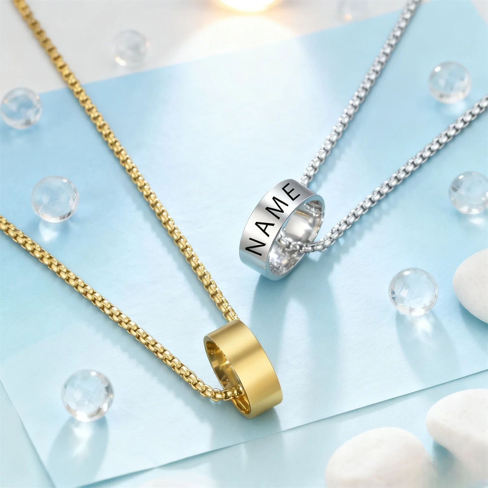 تخصيص اسم زوجين حلقة قلادة صندوق من الفولاذ المقاوم للصدأ سلسلة قلادة نحت اسم الذكور الإناث زوجين مجوهرات هدية