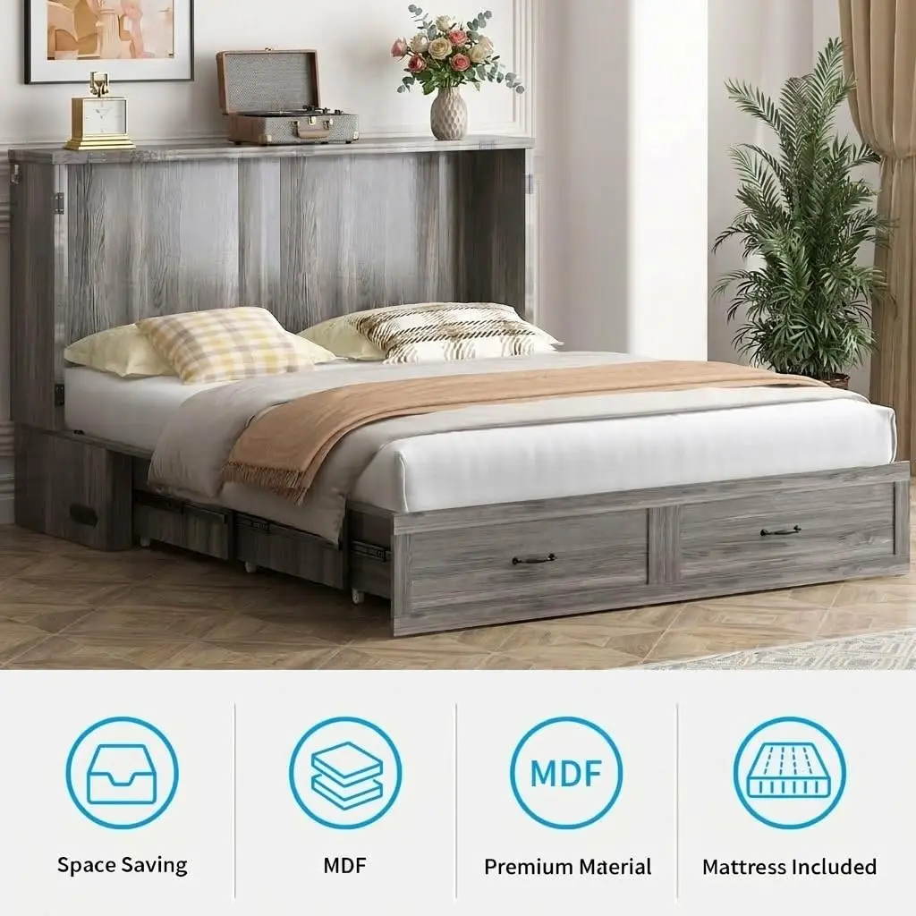 Queen Murphy Bed Cabinet Tri-Fold Mattress Charging Station Hidden Storage Drawers Space Saving Chest Wall Bed, Customized view 4