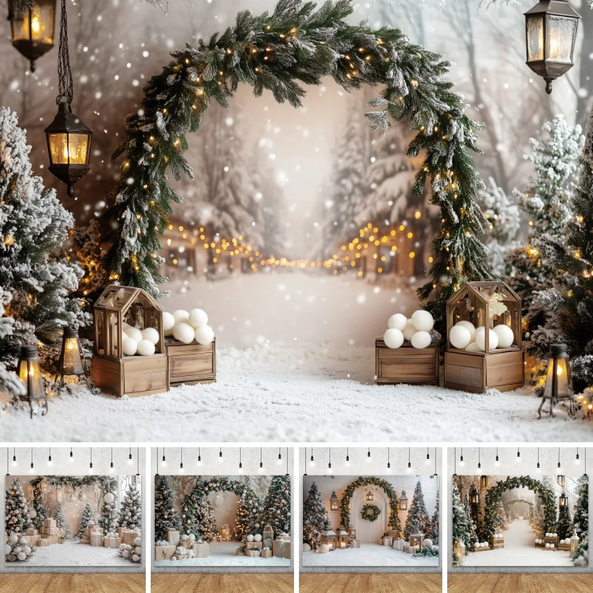Yeele Winter Weihnachts-Fotografie-Hintergrund Wald Glitzer Bogen Tür Weihnachten Kinder Familienporträt Dekor Hintergrund Fotostudio