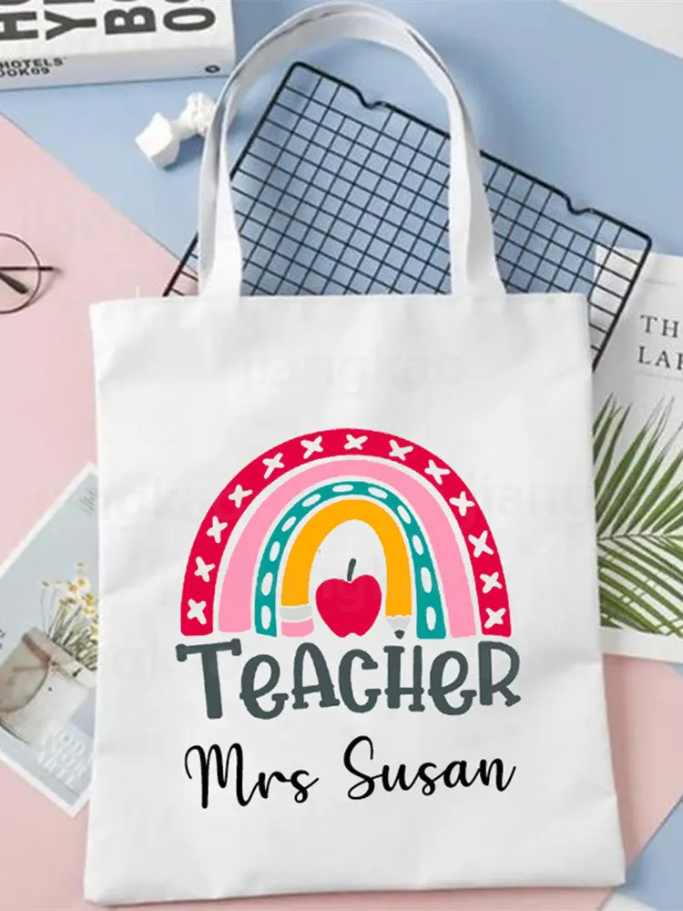 

Personalised Rainbow Teacher Shoulder Bag Custom Name Women Canvas Shopping Bag Eco Harajuku Aesthetic School Bags Teacher Gifts