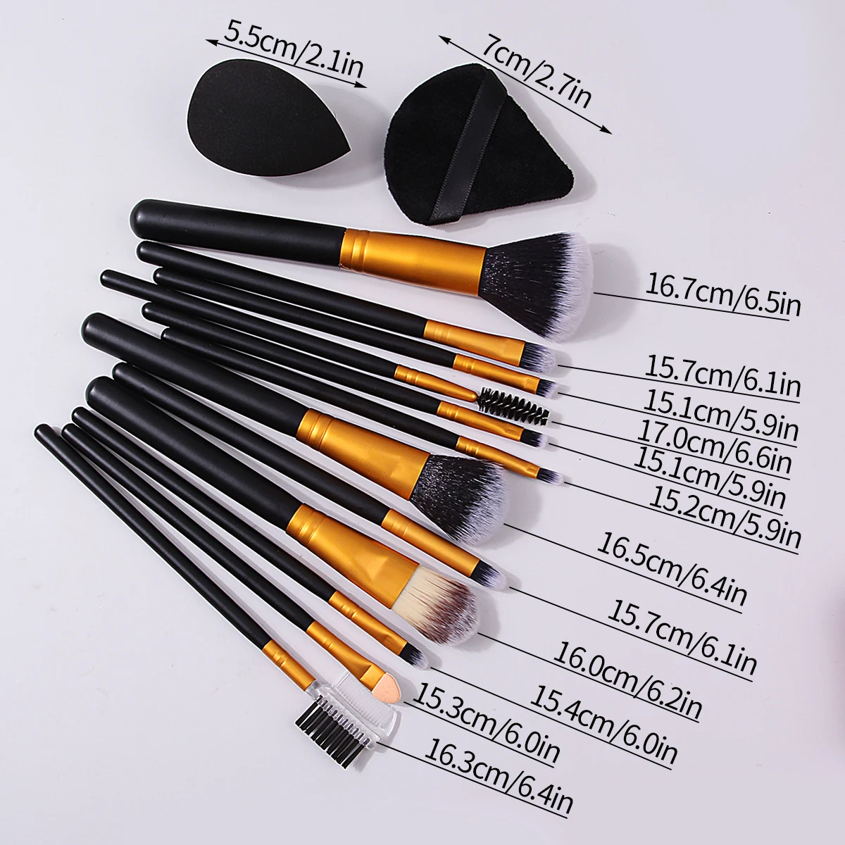 مجموعة أدوات مكياج مكونة من 14 قطعة: 12 قطعة من فرش مكياج ذات مقبض خشبي ذات شعيرات ناعمة + قطعتان من إسفنجات المكياج ونفخ البودرة وبيض التجميل