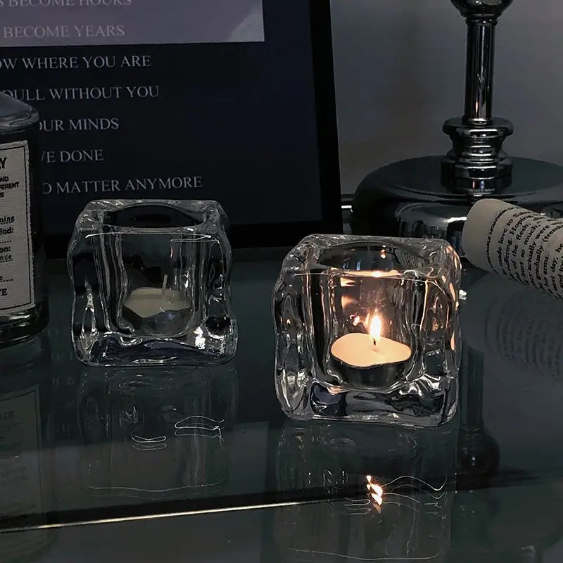 2pcs Imitation Ice Cube Glass Candle Holder High Transparent Vintage INS Light Luxury Desktop Shooting Decor Ornament
